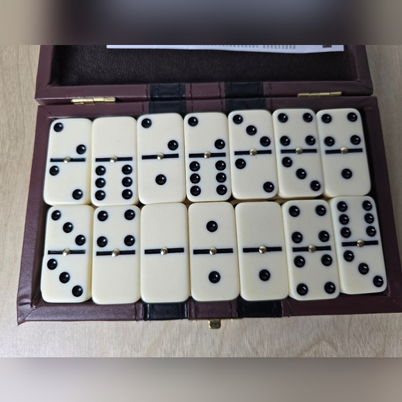 Classic Domino Set in Brown Leather Case - Picture 2 of 5